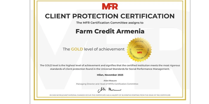 «Ֆարմ Կրեդիտ Արմենիա»-ն ստացել է միջազգային որակավորման ՈՍԿԵ...